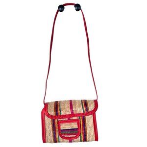 Straw Colorful Shoulder Bag Mexico Artisan Handmade Red Trim Woven Multicolor